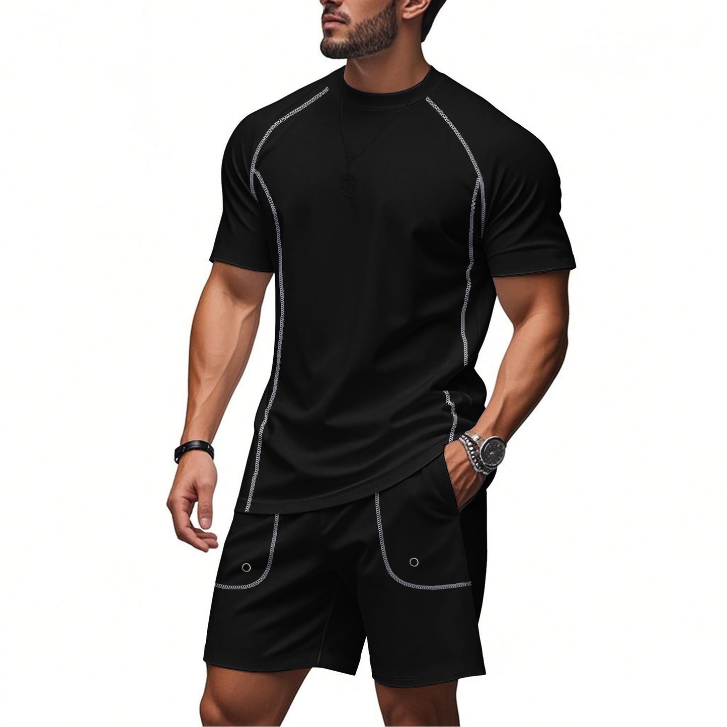 Loose Casual Solid Color Minimalism Short Sleeve Shorts Suit
